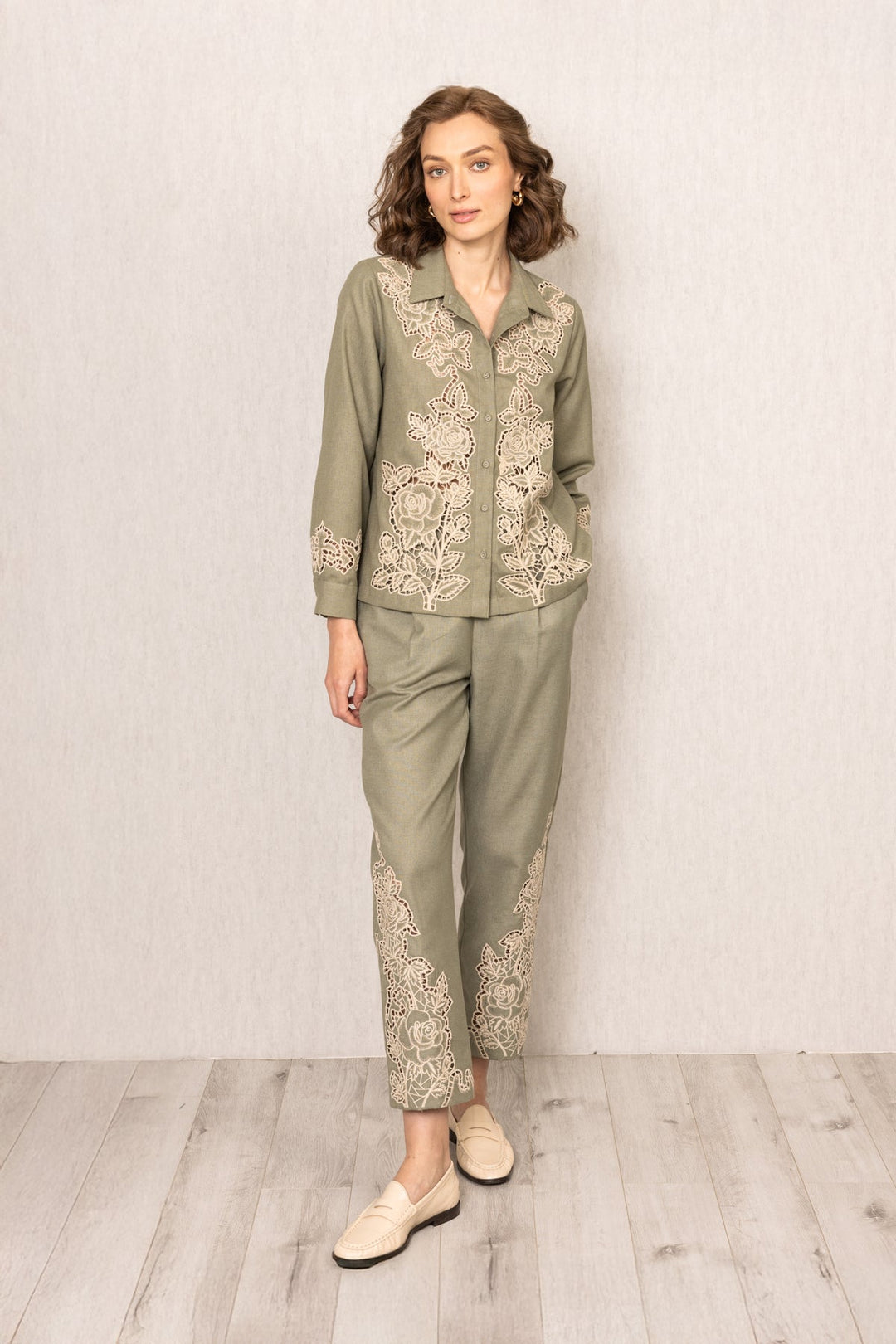 Sage green Rio Buttondown Shirt by ranna gill in Poly Flex with Floral embroidery on collar, panels, sleeves, and hem