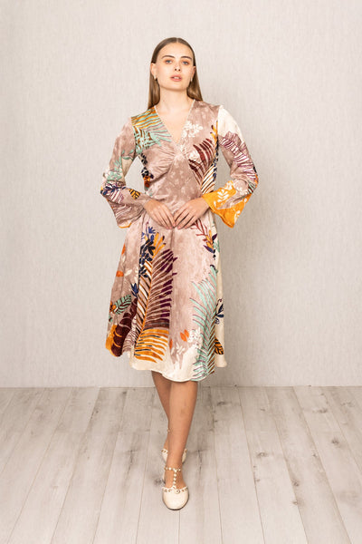 Ranna Gill Ken Diamond Panel Midi Dress in Moma print with wrap V-neck and flared sleeves.
