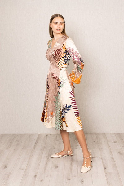 Ranna Gill Ken Diamond Panel Midi Dress in Moma print with wrap V-neck and flared sleeves.