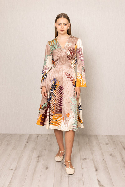 Ranna Gill Ken Diamond Panel Midi Dress in Moma print with wrap V-neck and flared sleeves.