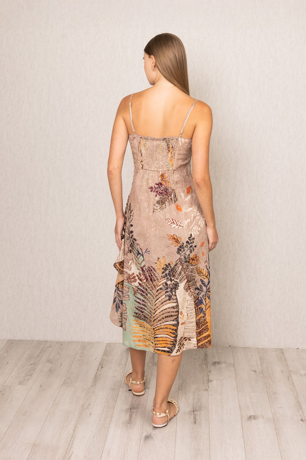 Ranna Gill Lucy Ruffle Midi Dress in embroidered viscose with Moma print, and V-neckline.