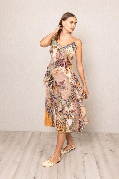 Ranna Gill Lucy Ruffle Midi Dress in embroidered viscose with Moma print, and V-neckline.