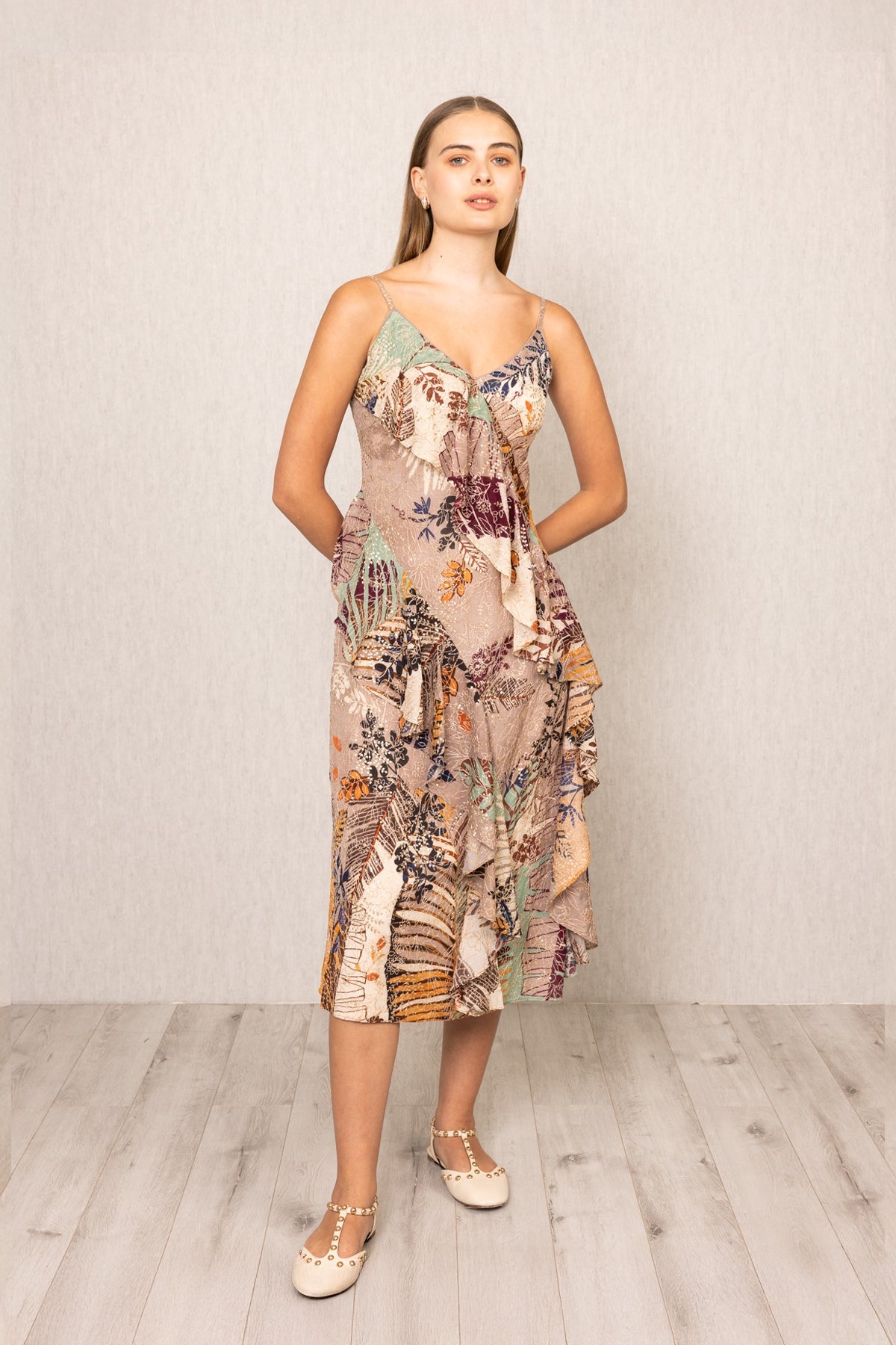 Ranna Gill Lucy Ruffle Midi Dress in embroidered viscose with Moma print, and V-neckline.