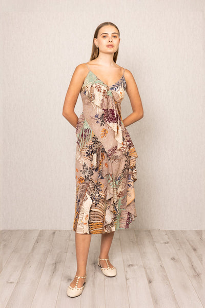 Ranna Gill Lucy Ruffle Midi Dress in embroidered viscose with Moma print, and V-neckline.