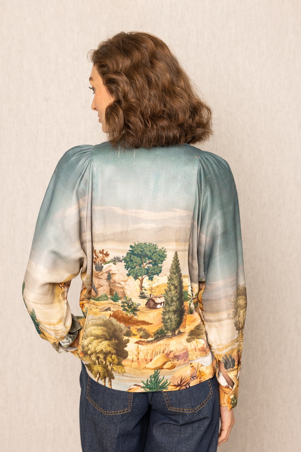 Ranna Gill Vilna Teal Blouse in satin viscose with kimono sleeves and gold buttons