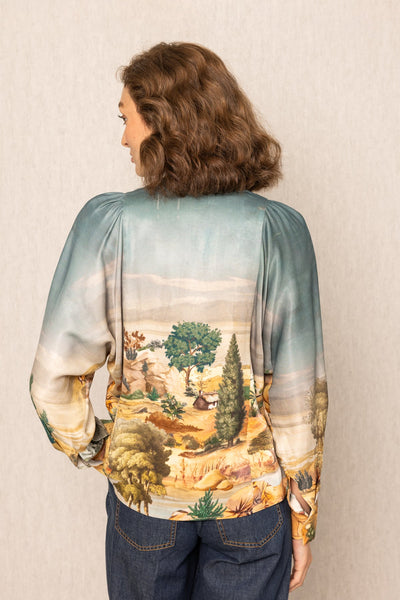 Ranna Gill Vilna Teal Blouse in satin viscose with kimono sleeves and gold buttons