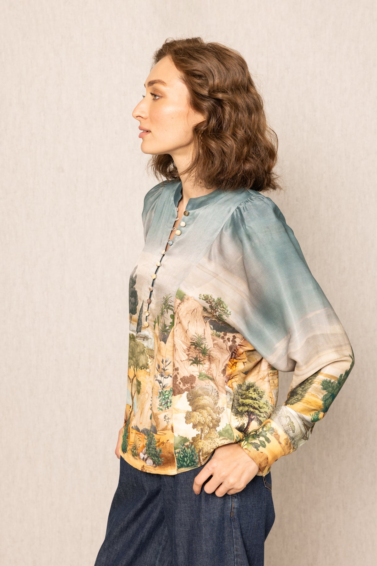 Ranna Gill Vilna Teal Blouse in satin viscose with kimono sleeves and gold buttons