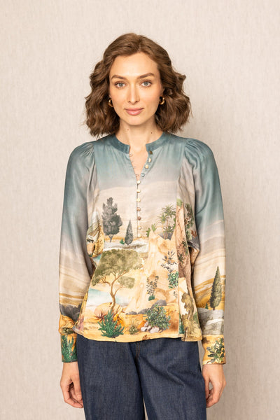 Ranna Gill Vilna Teal Blouse in satin viscose with kimono sleeves and gold buttons