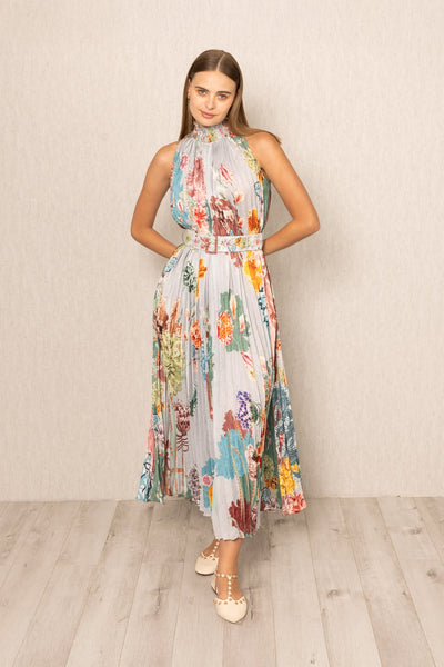 Ranna Gill Malaga Pleated Maxi Dress, high neckline floral maxi & pleated skirt.