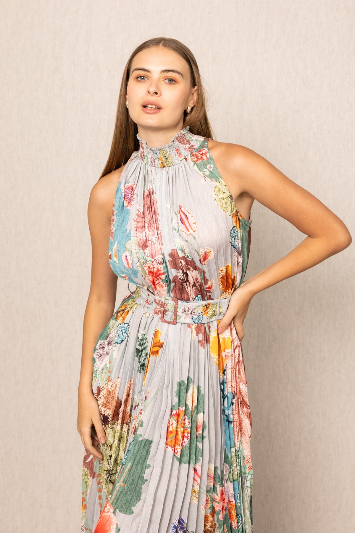 Ranna Gill Malaga Pleated Maxi Dress, high neckline floral maxi & pleated skirt.