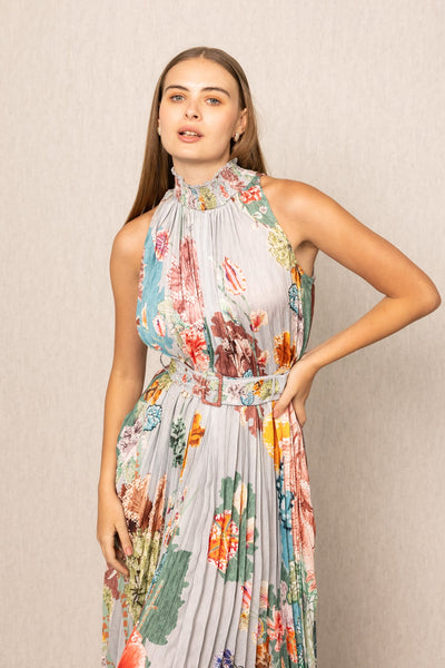Ranna Gill Malaga Pleated Maxi Dress, high neckline floral maxi & pleated skirt.
