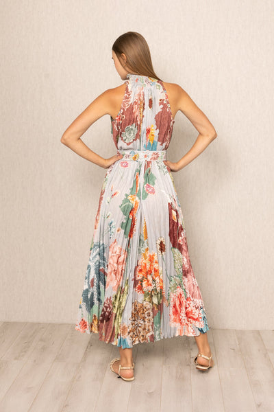 Ranna Gill Malaga Pleated Maxi Dress, high neckline floral maxi & pleated skirt.