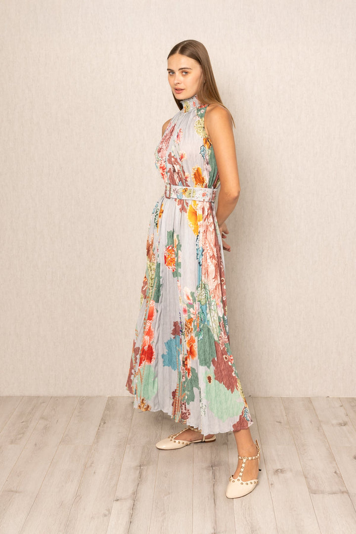 Ranna Gill Malaga Pleated Maxi Dress, high neckline floral maxi &amp; pleated skirt.
