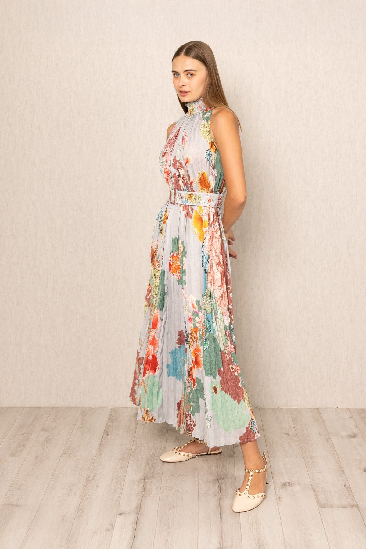 Ranna Gill Malaga Pleated Maxi Dress, high neckline floral maxi & pleated skirt.