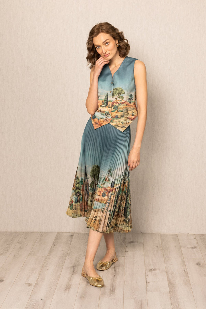 Ranna Gill Ibiza Waist Coat in teal blue satin with Tuscany print and button-down front.