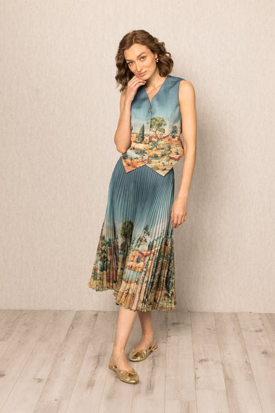 Ranna Gill Ibiza Waist Coat in teal blue satin with Tuscany print and button-down front.