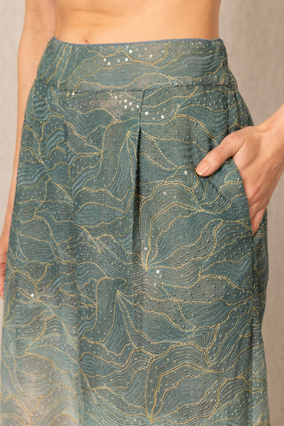 Ranna Gill Parma Teal Wide Leg Pants in Georgette with gold embroidery