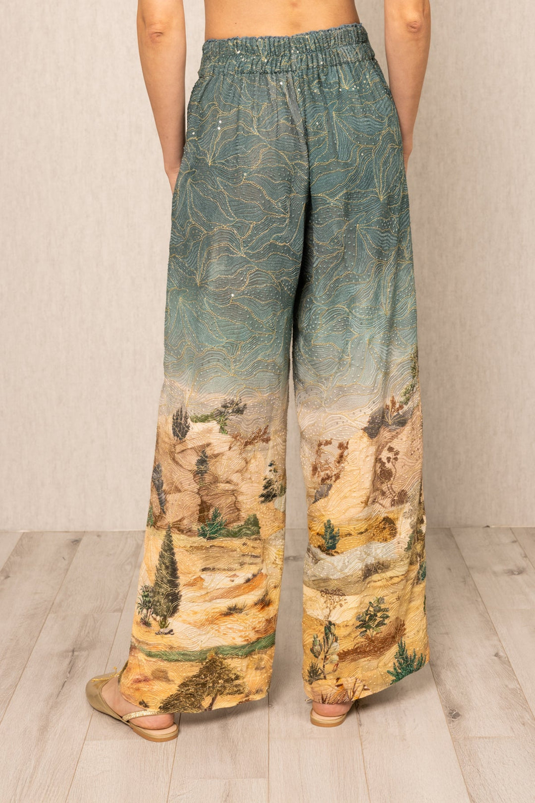 Ranna Gill Parma Teal Wide Leg Pants in Georgette with gold embroidery