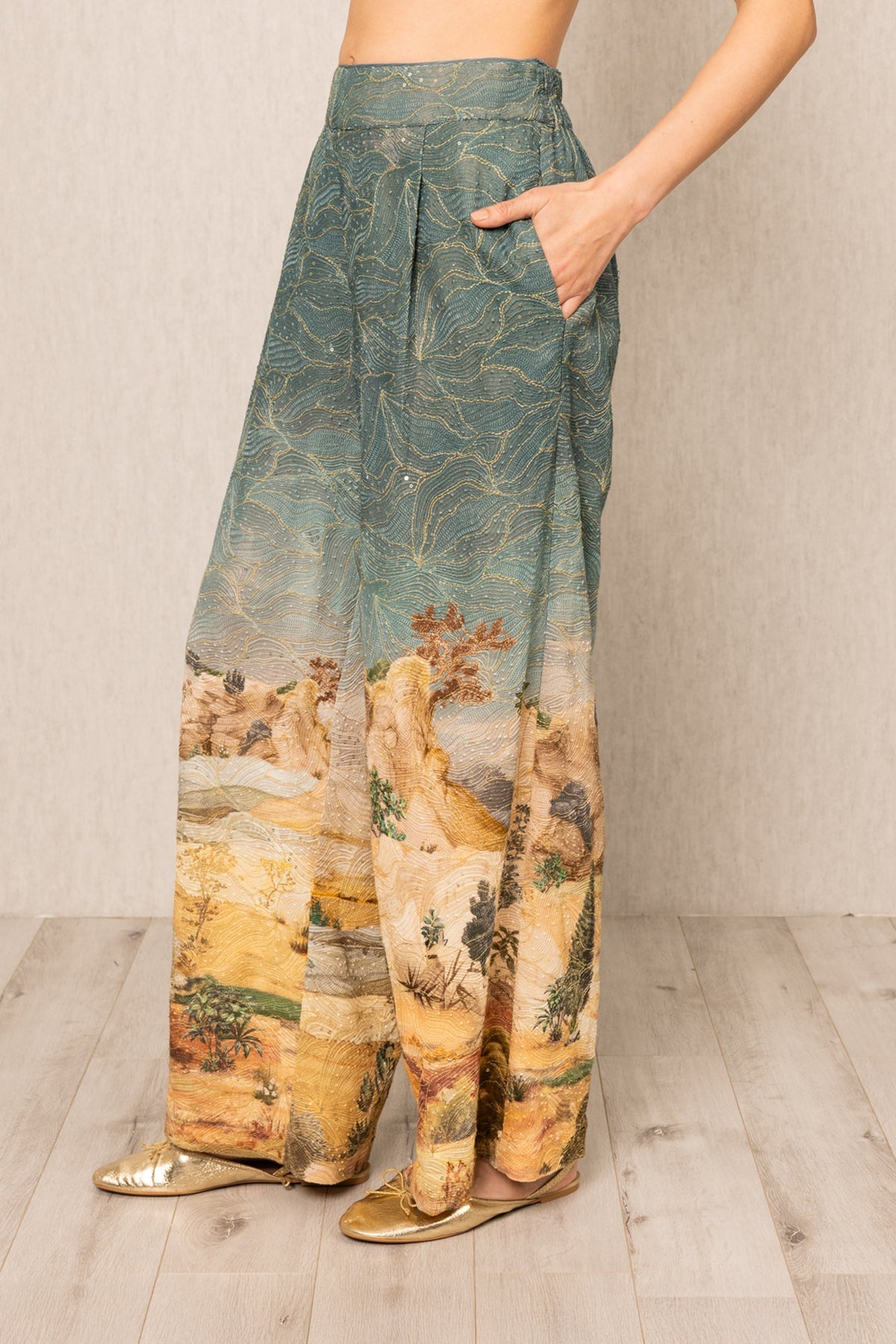 Ranna Gill Parma Teal Wide Leg Pants in Georgette with gold embroidery