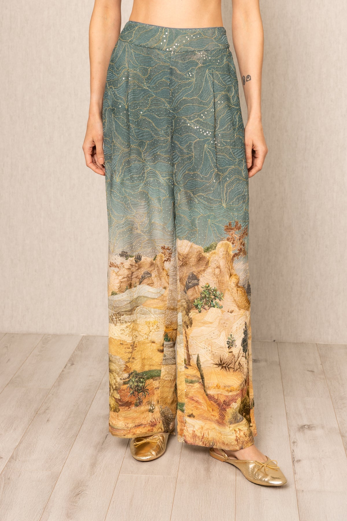 Ranna Gill Parma Teal Wide Leg Pants in Georgette with gold embroidery