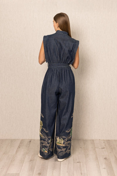 Ranna Gill Prato Belted Jumpsuit in Tuscany print dark blue denim.