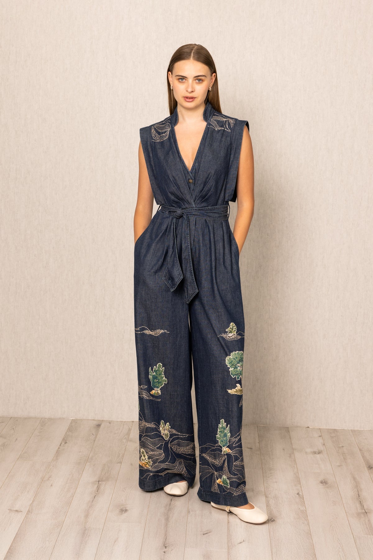 Ranna Gill Prato Belted Jumpsuit in Tuscany print dark blue denim.