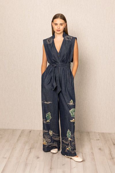Ranna Gill Prato Belted Jumpsuit in Tuscany print dark blue denim.
