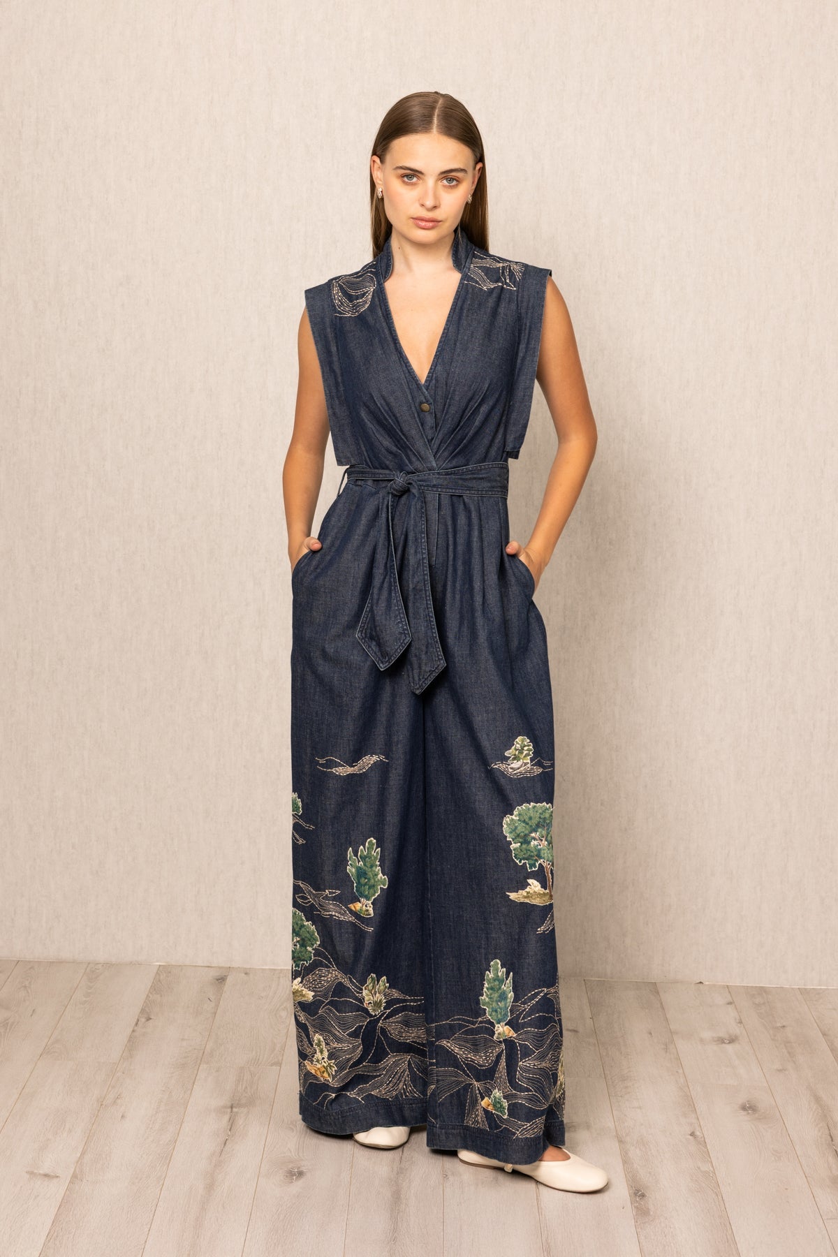 Ranna Gill Prato Belted Jumpsuit in Tuscany print dark blue denim.