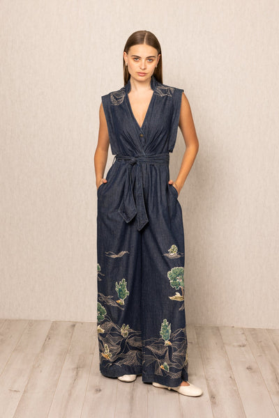 Ranna Gill Prato Belted Jumpsuit in Tuscany print dark blue denim.