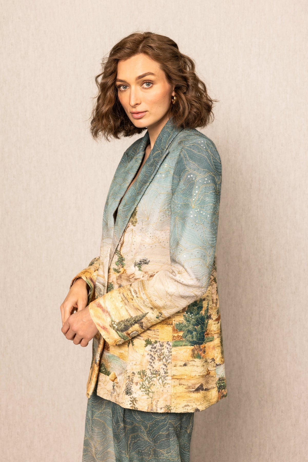 Ranna Gill Albury Oversized Jacket in teal blue georgette with Tuscany print in notched lapel collar and long sleeves