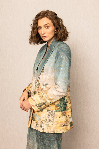 Ranna Gill Albury Oversized Jacket in teal blue georgette with Tuscany print in notched lapel collar and long sleeves