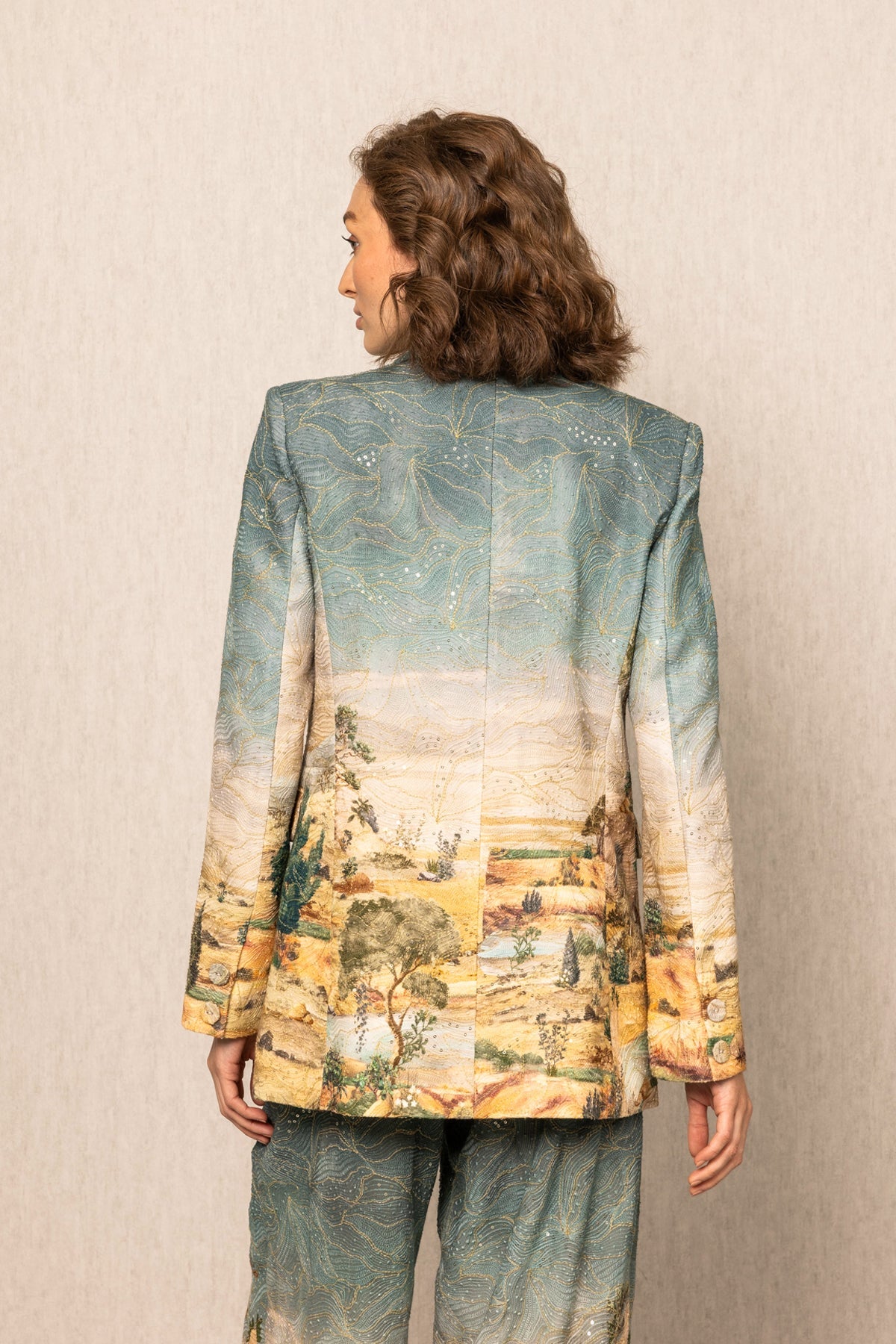 Ranna Gill Albury Oversized Jacket in teal blue georgette with Tuscany print in notched lapel collar and long sleeves