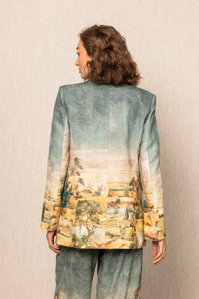 Ranna Gill Albury Oversized Jacket in teal blue georgette with Tuscany print in notched lapel collar and long sleeves