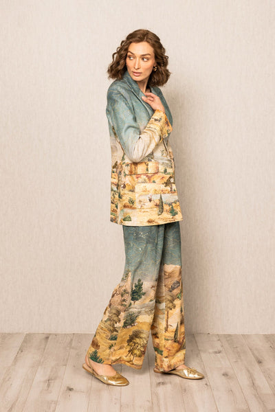 Ranna Gill Albury Oversized Jacket in teal blue georgette with Tuscany print in notched lapel collar and long sleeves