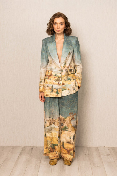 Ranna Gill Albury Oversized Jacket in teal blue georgette with Tuscany print in notched lapel collar and long sleeves