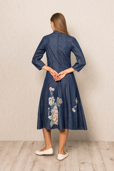 Ranna Gill Zia Panel Midi Dress in Navy Blooms denim with floral embroidery.