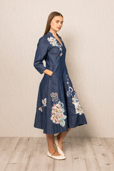 Ranna Gill Zia Panel Midi Dress in Navy Blooms denim with floral embroidery.