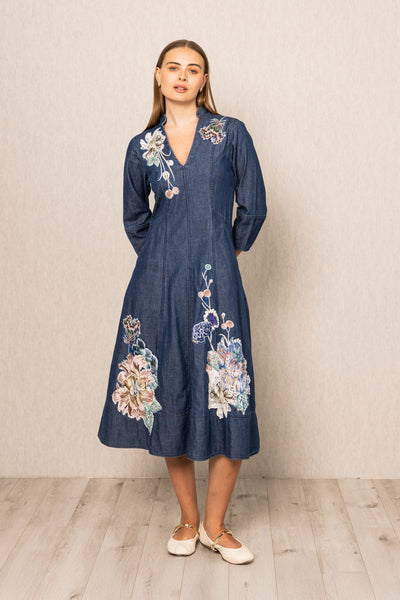 Ranna Gill Zia Panel Midi Dress in Navy Blooms denim with floral embroidery.