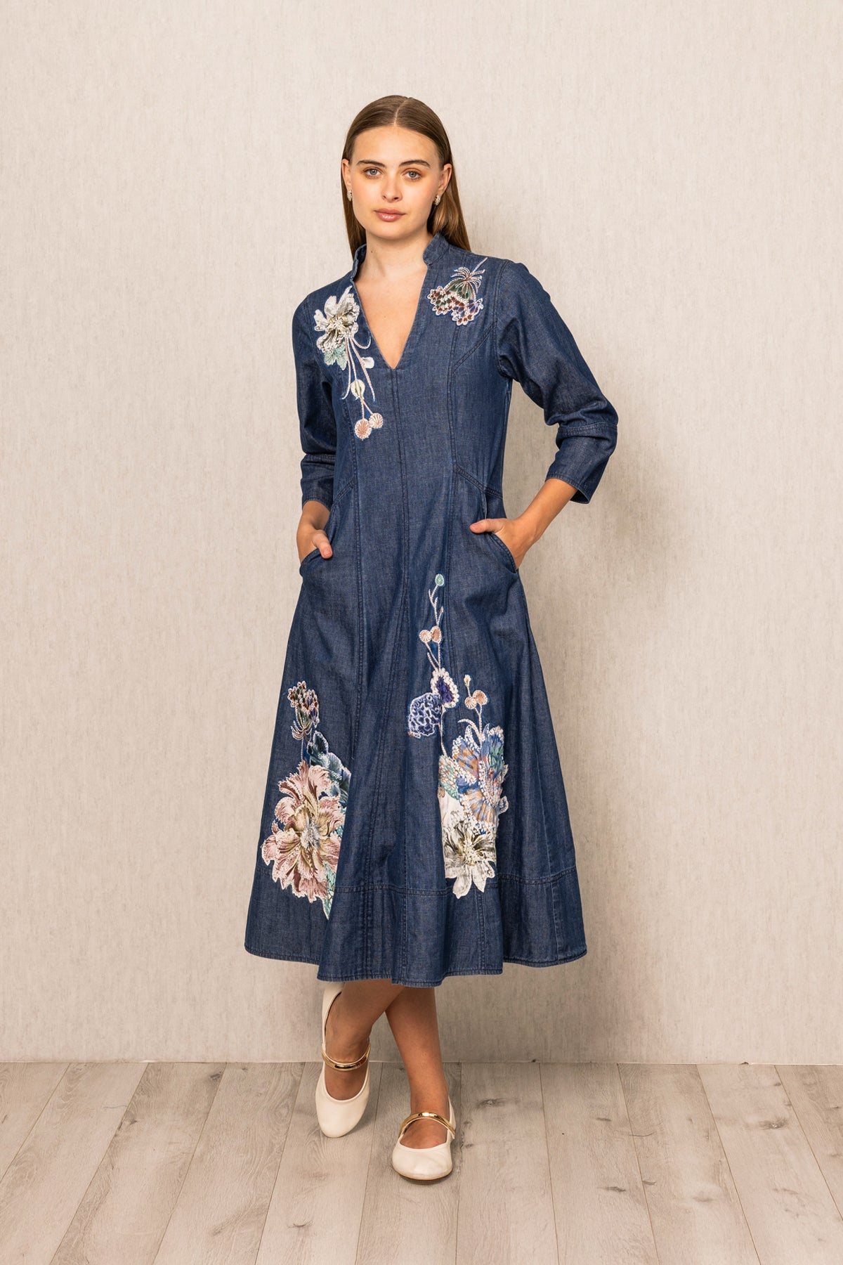 Ranna Gill Zia Panel Midi Dress in Navy Blooms denim with floral embroidery.