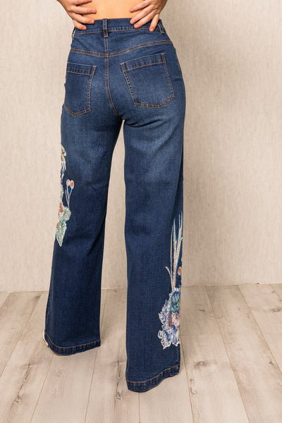 Ranna Gill Blooms Lara Wide Leg Jeans in navy denim with floral embroidery