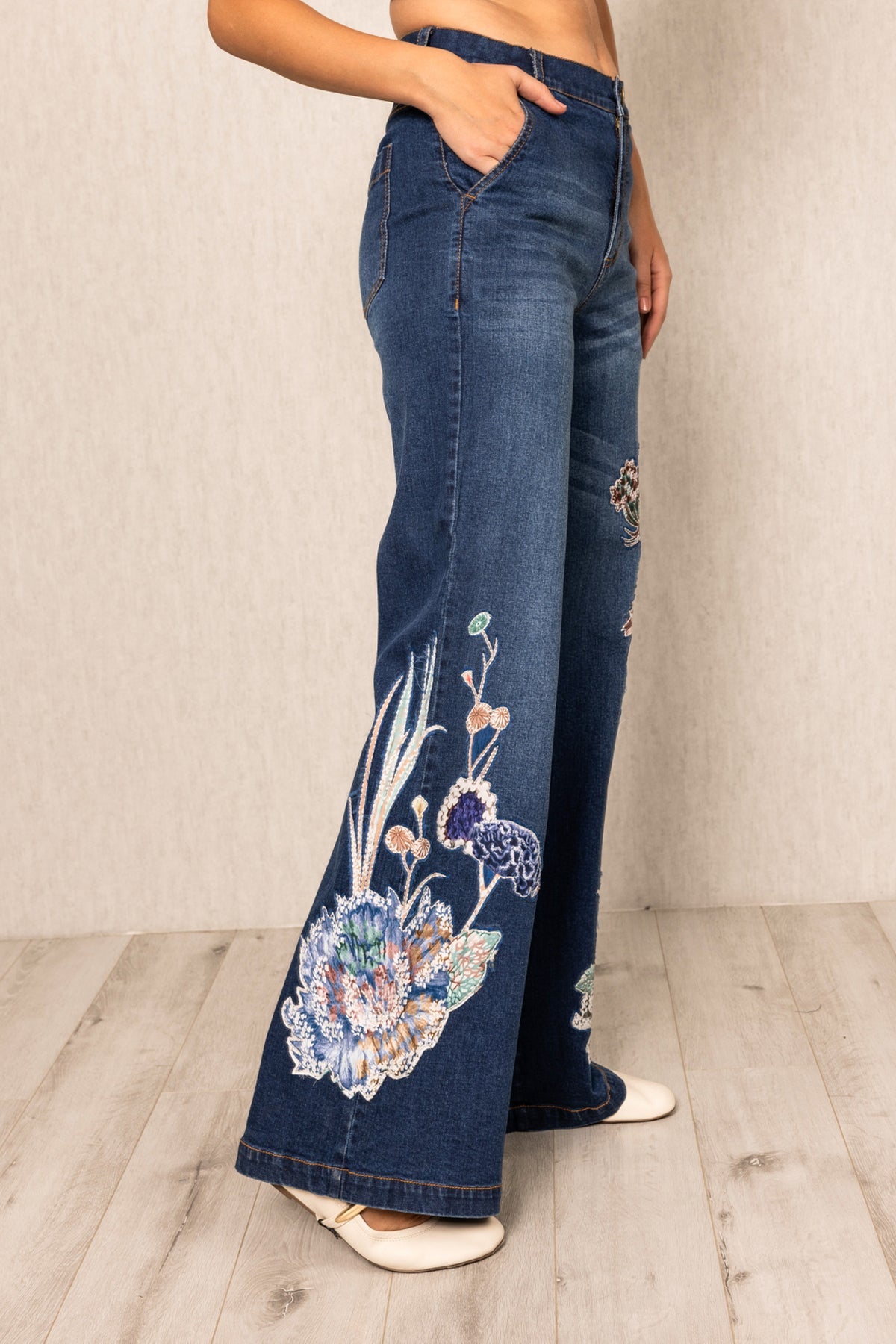 Ranna Gill Blooms Lara Wide Leg Jeans in navy denim with floral embroidery