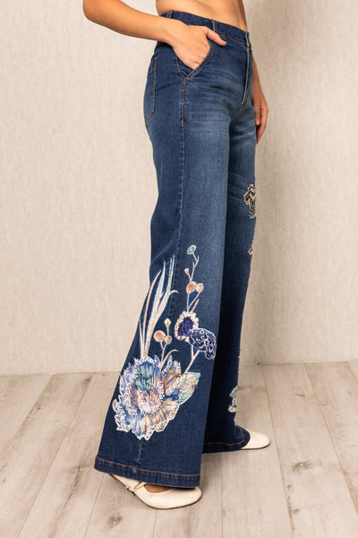 Ranna Gill Blooms Lara Wide Leg Jeans in navy denim with floral embroidery