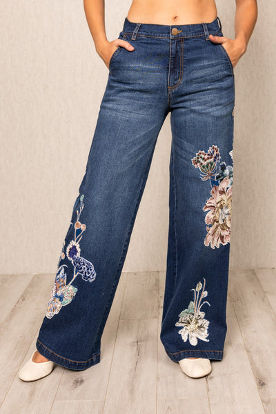 Ranna Gill Blooms Lara Wide Leg Jeans in navy denim with floral embroidery