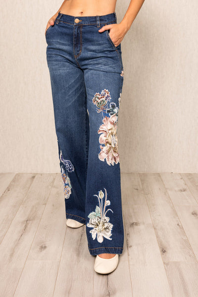 Ranna Gill Blooms Lara Wide Leg Jeans in navy denim with floral embroidery