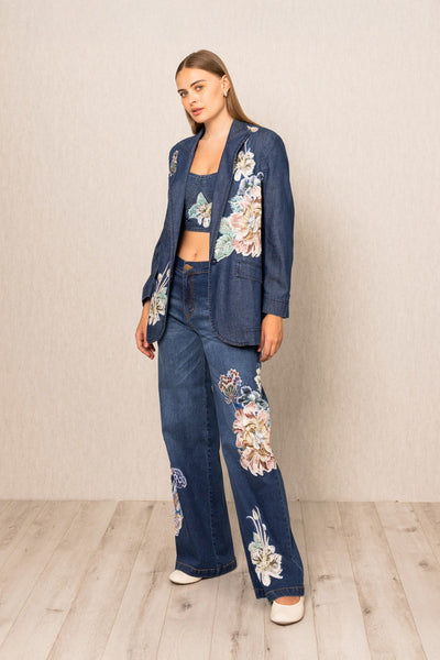 Ranna Gill Blooms Lara Wide Leg Jeans in navy denim with floral embroidery
