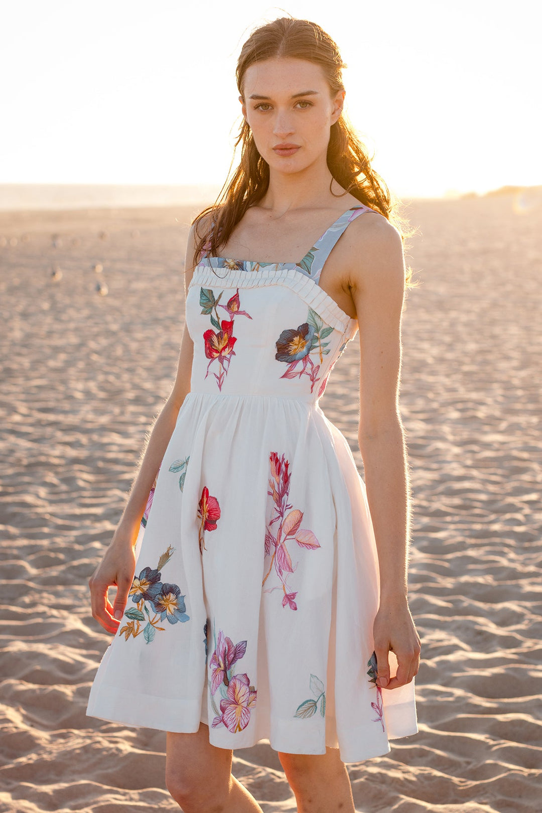 Saffy Pleated Trim Mini Dress by Ranna Gill – White Floral Summer Dress