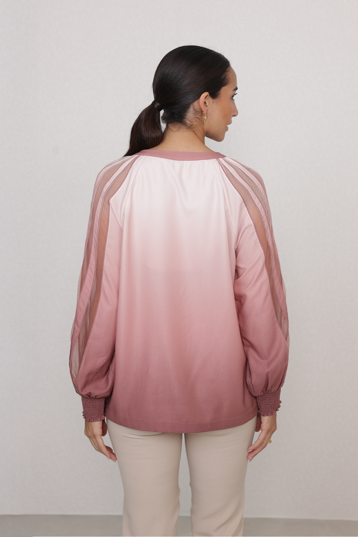 Ranna Gill Olivi Blouse in blush rose floral with sheer sleeves.