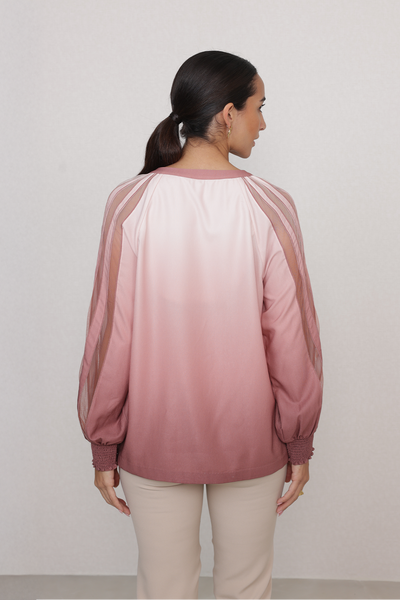 Ranna Gill Olivi Blouse in blush rose floral with sheer sleeves.