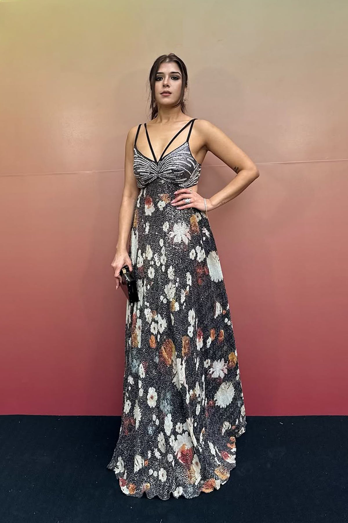 Macaw Dressa by Ranna Gill sleeveless, v-neck, maxi dress with a floral print and sequins, with crystal handwork embroidery on the bodice.