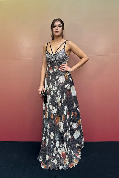 Macaw Dressa by Ranna Gill sleeveless, v-neck, maxi dress with a floral print and sequins, with crystal handwork embroidery on the bodice.